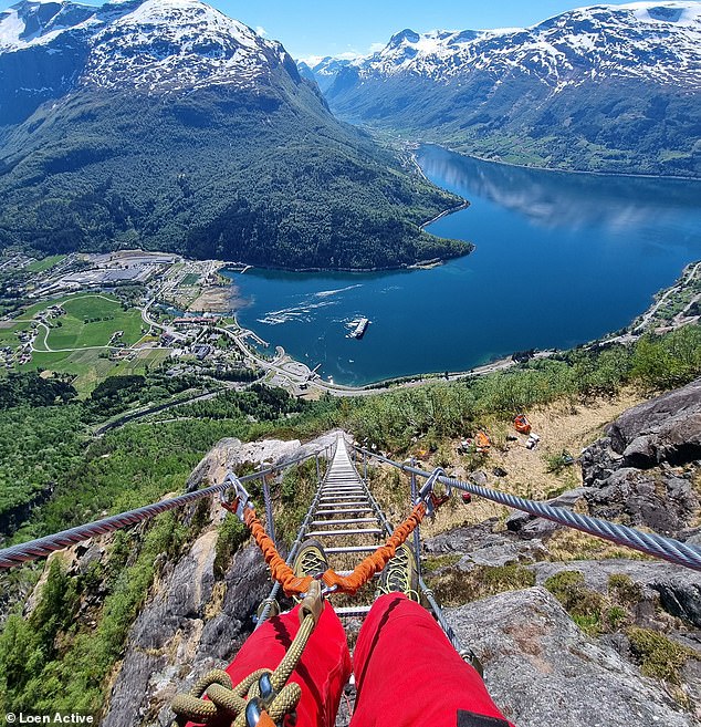 The 120-step staircase, called 'Stigull', is 40 metres long (131 feet) and overlooks the village of Loen and a beautiful fjord