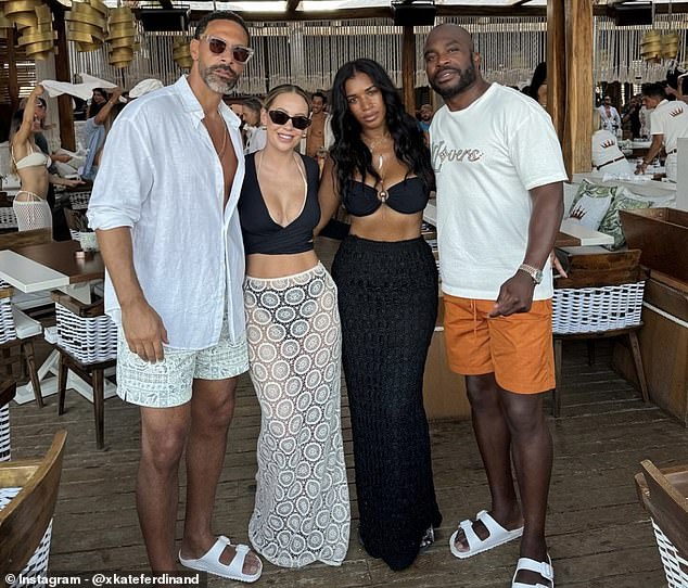 The couple were joined in Mykonos by Dean and Daniella Forbes and all four threw their arms around each other, with Rio and Dean wearing matching white sandals