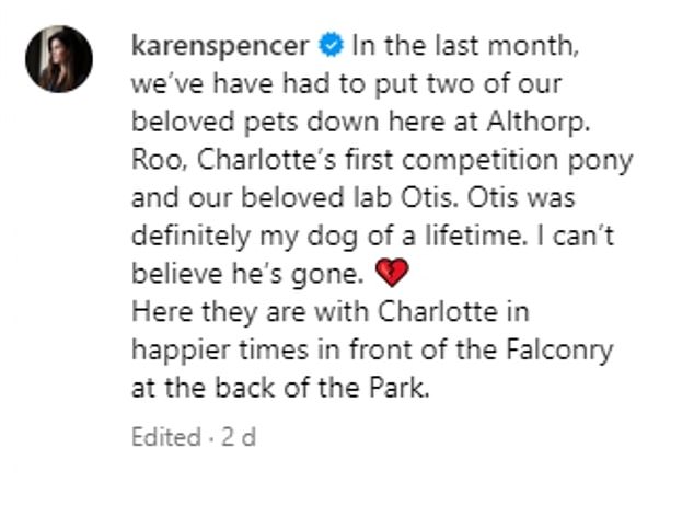 His now divorced wife Karen Spencer also shared a heartbreaking update about their daughter's pony named Roo