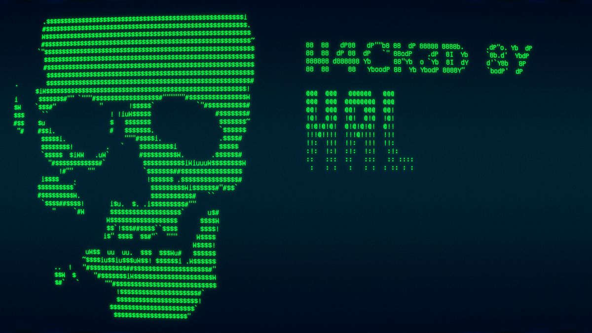 Hacker HAL's business card, featuring a skull and signature in ASCII art, displayed on a 1990s monitor.