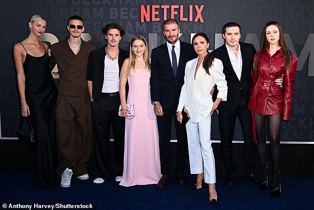 Mia Regan, Romeo Beckham, Cruz Beckham, Harper Beckham, David Beckham, Victoria Beckham, Brooklyn Beckham and Nicola Peltz Beckham at the premiere of BECKHAM