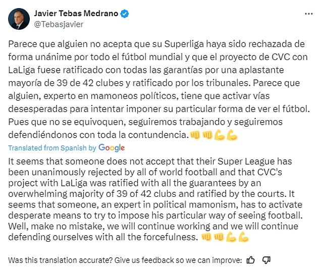 Tebas appears to have started a heated argument on social media against Real Madrid president Florentino Perez via a video