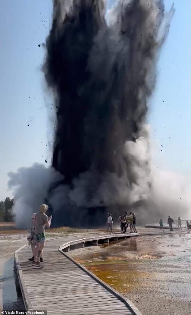 Biscuit Basin, just north of Old Faithful, erupted around 10 a.m. MST, sending a massive plume of superheated water and debris into the air