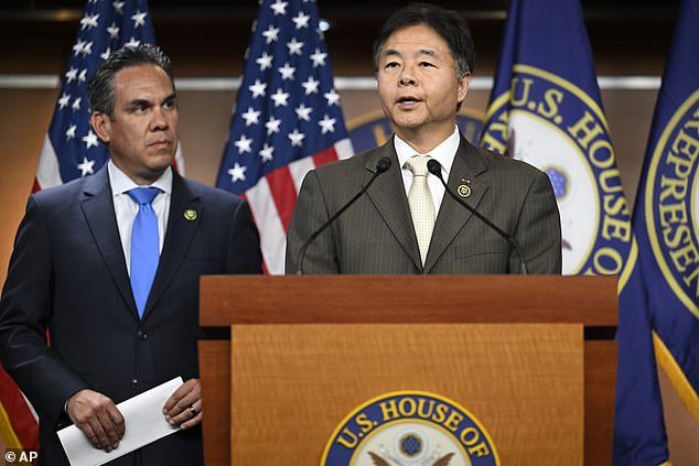 Democratic Caucus Chairman Pete Aguilar (L) and Vice Chairman Ted Lieu (R) praised Biden's decision to resign on Tuesday