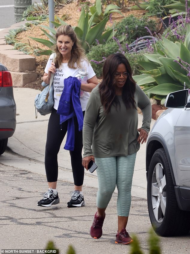 The legendary talk show host, who is rarely seen in public outside of high-profile events, was accompanied by her friend Maria Shriver, 68