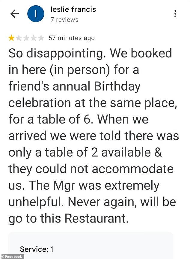 The restaurant manager said the bad online reviews (like the one in the photo) were 