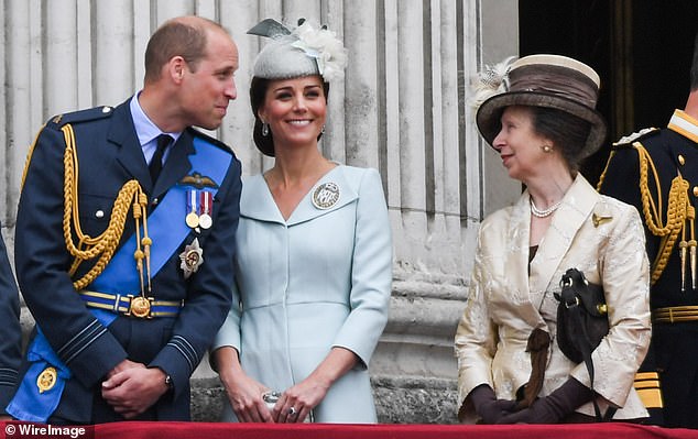 Prince William and Kate Middleton are said to have a close bond with Princess Anne. Above: The couple with Anne on the balcony of Buckingham Palace to watch a flypast in honor of the centenary of the Royal Air Force, July 10, 2018