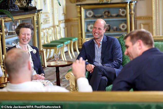 William and Anne laugh as they take part in Mike Tindall's podcast, The Good, The Bad and the Rugby at Windsor Castle, September 2023