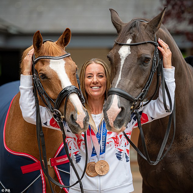 Charlotte Dujardin pictured with her Tokyo 2020 Olympic Games winning horse, Gio (left) and former Olympic gold medalist, Valegro (right) in 2021