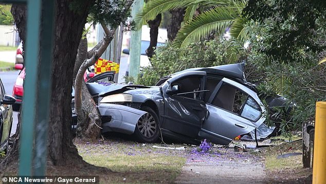 The powerful impact also injured a 23-year-old passenger, which police believe was caused by Nicholas Thew's negligent and dangerous driving (the wreckage is shown in the photo)