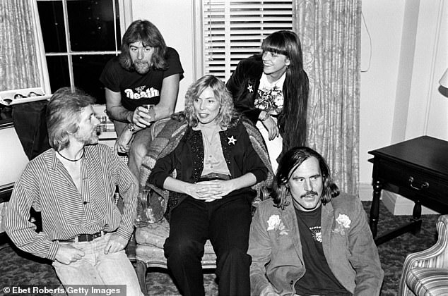 Pictured: Klaus Voormann, John Mayall, Joni Mitchell, Debby Chesher and Commander Cody promoting the book 'Starart', which featured artwork by them and other musicians