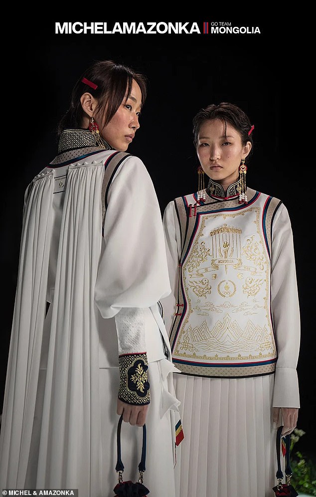 The stylish clothing, from design house Michel & Amazonka, uses traditional symbols from Mongolian culture and the colours of the country's flag.