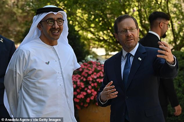 Israeli officials told Axios that Emirati Foreign Minister Abdullah Bin Zayed (pictured in September with Israeli President Isaac Herzog) hosted the meeting