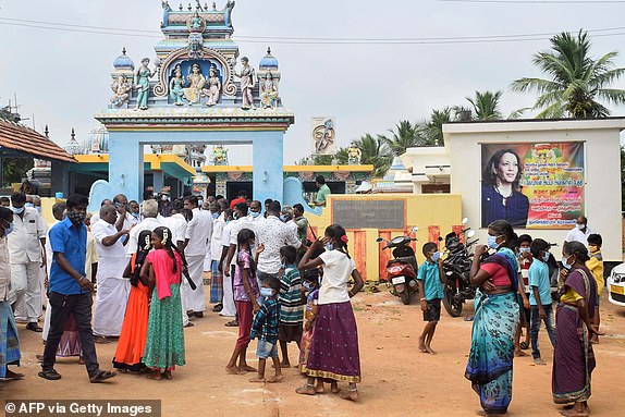 Residents pray for Democratic Vice President-elect Kamala Harris' victory at a temple in her ancestral village of Thulasendrapuram in the southern Indian state of Tamil Nadu on November 8, 2020. - Residents set off fireworks at Kamala Harris' ancestral home on November 8, as India celebrated the vice president-elect's victory in the US election, while others heralded her achievement as historic and a "proud moment" for the country. (Photo by STR/AFP) (Photo by STR/AFP via Getty Images)