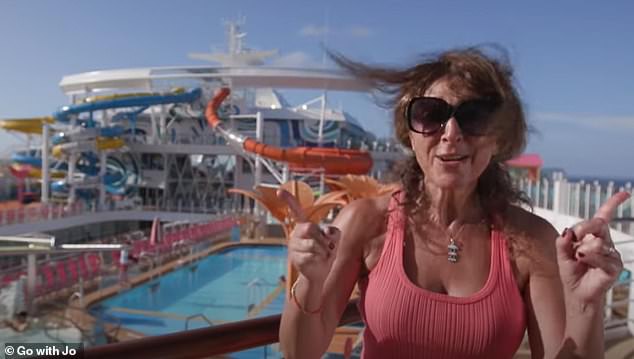 Jo's video starts on the top deck, where there's a lot of action. Here there are five pools, a zipline, an aqua park, a surfing simulator and more