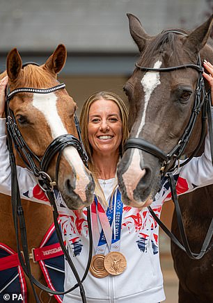 Charlotte Dujardin pictured with her Tokyo 2020 Olympic Games winning horse, Gio (left) and former Olympic gold medalist, Valegro (right) in 2021