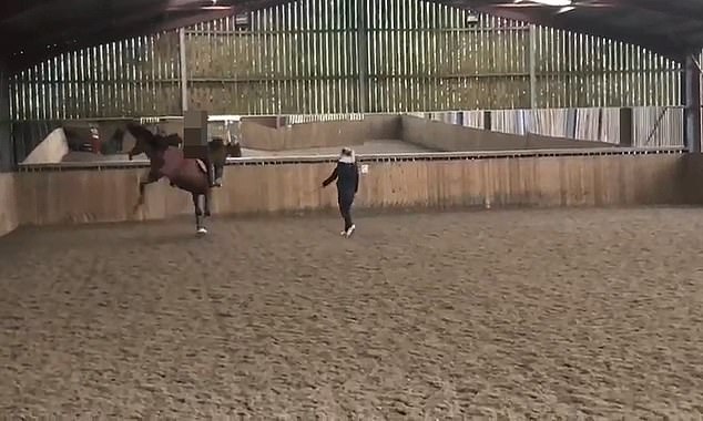 The horse appears to buck in response to Dujardin's whipping