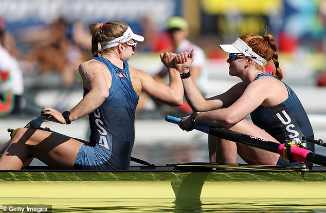 Erin (right) is seen competing for the United States in the 2019 World Rowing Cup