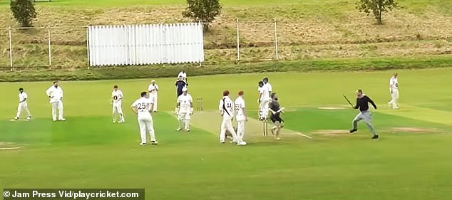 The chaser, wielding a bat and trailed by a dog, follows the first man to the wicket as astonished players look on