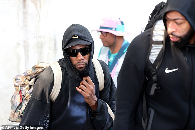 Durant was seen wearing sunglasses and a hoodie on Wednesday as the team headed to France