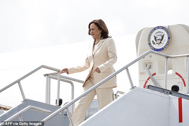 Vice President Harris steps out of Air Force Two upon arrival in Indianapolis on July 24