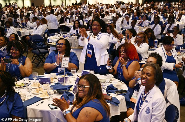 Attendees cheered Vice President Harris as she delivered a keynote address for the Zeta Phi Beta event. During her visit, the phrase 