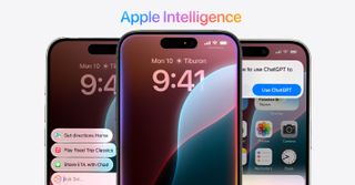 Three iPhones with Apple Intelligence on a beige background