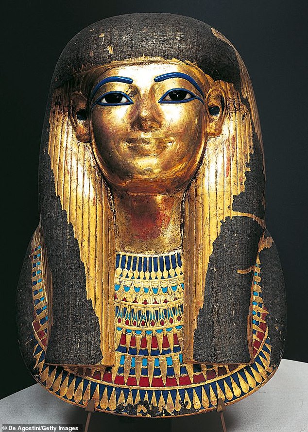 King Amenhoteb III, also known as Amenhotep the Great, was depicted on one of the plaques and was known for his expansion of diplomatic relations and the period of peaceful prosperity experienced by the citizens under his rule. Pictured: Funerary mask of King Amenhoteb III