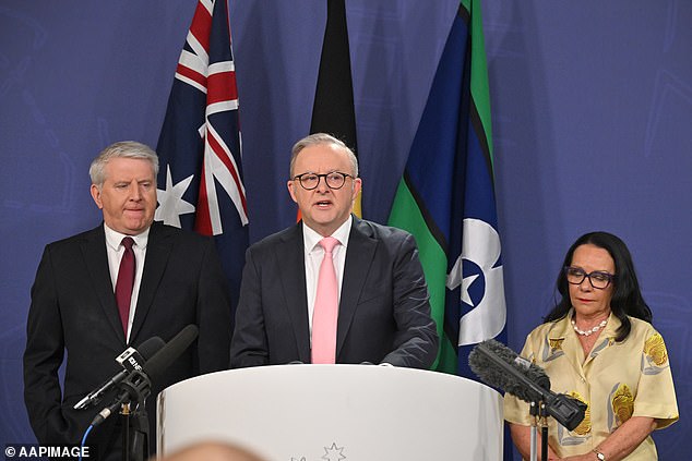 From left to right: Minister for Skills and Training Brendan O'Connor, Prime Minister Anthony Albanese, Minister for Indigenous Australians Linda Burney