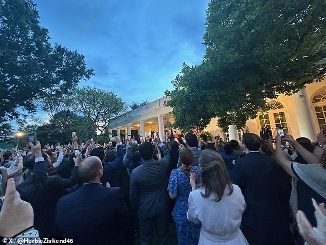 White House staff gathered in the Rose Garden to cheer on the president after his speech