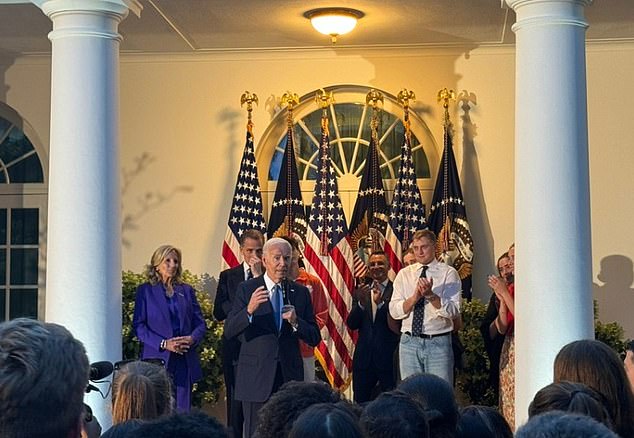 President Biden addresses staff in the Rose Garden after his speech in the Oval Office