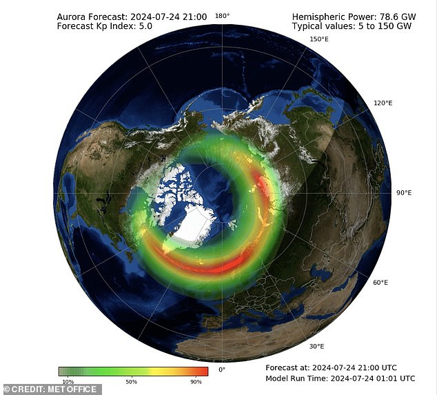 The Met Office predicts that the Northern Lights will be visible over Northern Ireland tonight and as far south as northern England.