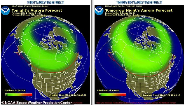 In the US, NOAA predicts the Northern Lights could extend across much of Canada due to the intensity of the storm