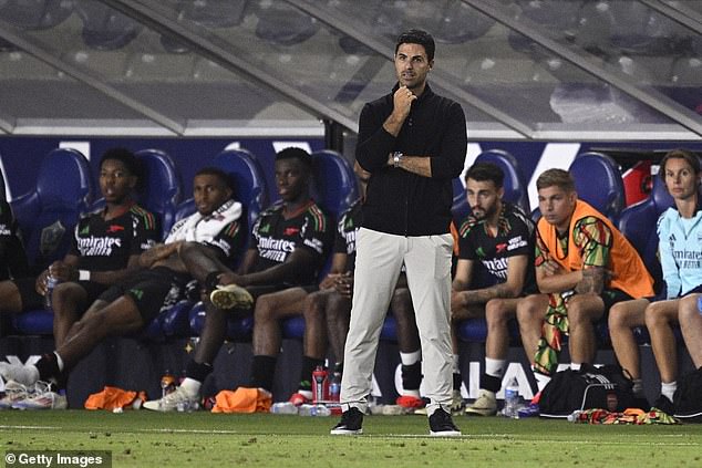 Arsenal FC's Mikel Arteta watches from the sidelines during the second half against Bournemouth