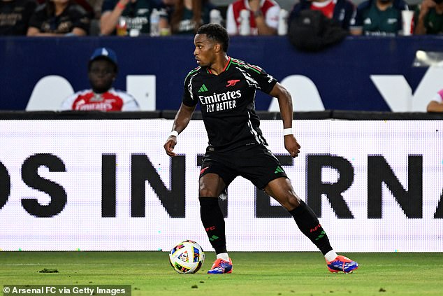 Arsenal's Jurrien Timber #12 controls the ball during the first half against AFC Bournemouth