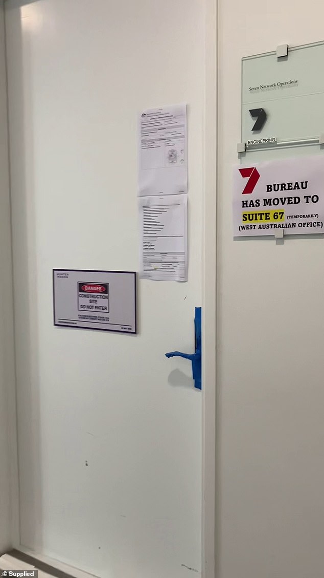 Seven offices in the Press Gallery have 'warning signs' on the doors and tape over the handles and locks (pictured)