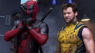 Deadpool holds his hands in front of his face as Wolverine stands next to him in Marvel's Deadpool and Wolverine film