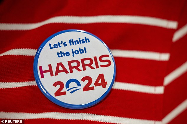 A pin worn by a participant at a Wisconsin rally in support of Kamala Harris also features the Obama campaign logo, in which the former Democratic president focused on hope