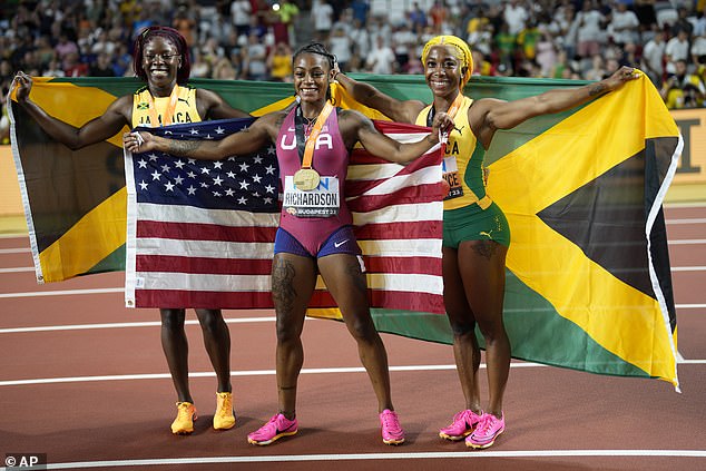 In the women's event, it's Team USA versus Team Jamaica, with Sha'Charri Richardson (center) taking on Shericka Jackson (left) and Shelly-Ann Fraser-Price (right).