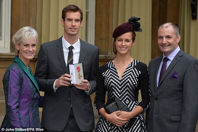 Murray, pictured with mother Jude, wife Kim and father Will (L-R), was given his OBE in 2013