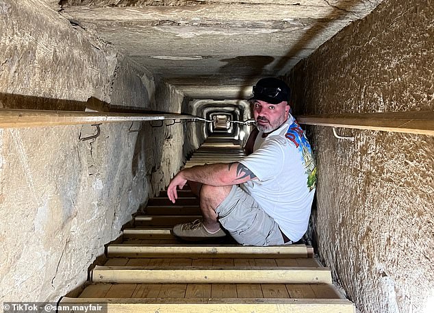 Cairo can serve as a base to travel to the Bent Pyramid, which is an hour's drive away. Sam is pictured above exploring the interior of the structure