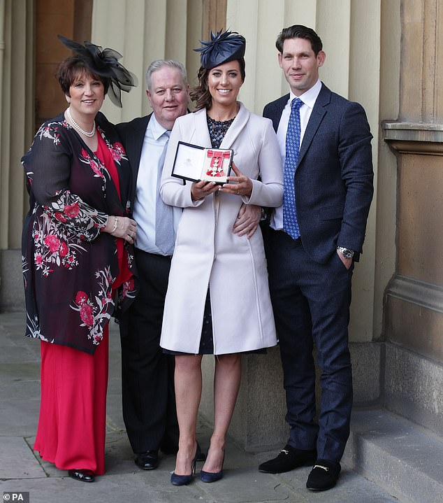 Dujardin pictured with Golding and her parents Jane and Ian Dujardin after she was awarded a CBE in 2017