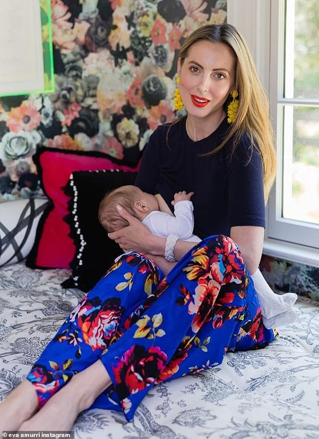 Eva (pictured with one of her children) said she 'always had a naturally large bust' and that her bust size 'fluctuated' over the years as she had her three children