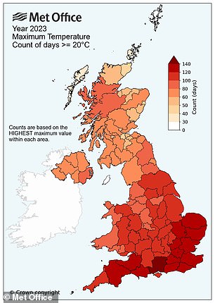 In the last decade, between 2014 and 2023, many parts of England and Wales have had six or more days with temperatures above 28°C