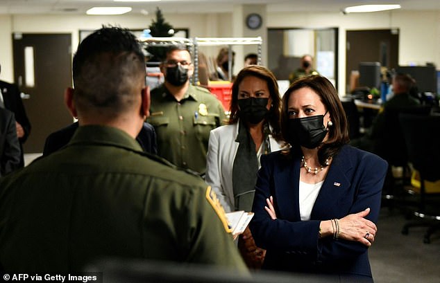 US Vice President Kamala Harris (R) visits the US Customs and Border Protection Central Processing Center in El Paso,