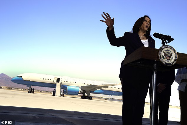 United States Vice President Kamala Harris speaks to the media