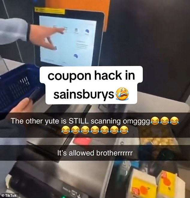 Chaos broke out at Sainsbury's after a voucher glitched that allowed customers to do all their shopping for free. Pictured: A customer showing off his use of the app yesterday