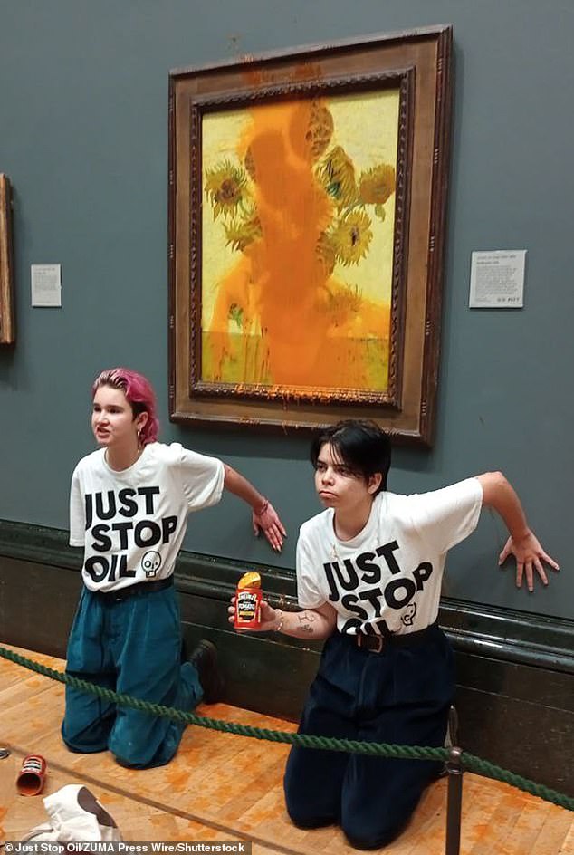 Two protesters threw cans of Heinz tomato soup over Vincent Van Gogh's Sunflowers at the National Gallery on October 14, 2022