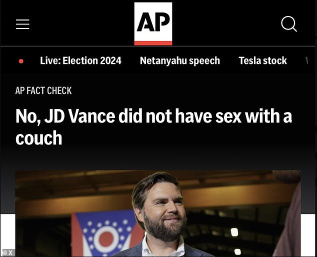 The news agency came under heavy criticism after it published an article about the Ohio senator on Wednesday titled: 'No, JD Vance Did Not Have Sex With a Bank'