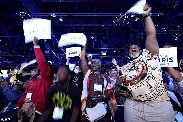 Attendees cheer as Vice President Kamala Harris speaks at the 88th National Convention of the American Federation of Teachers